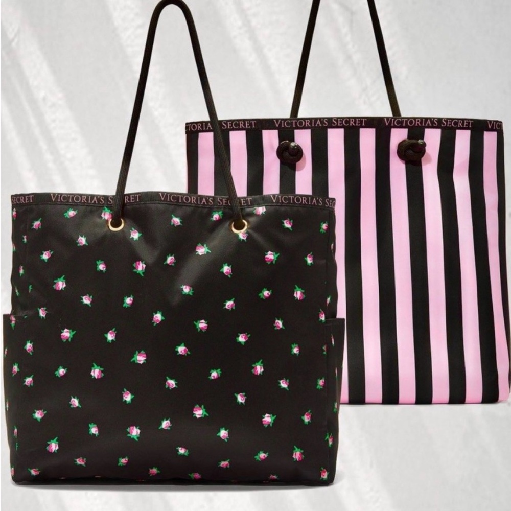 Victoria's Secret Reversible Nylon Tote Bag Floral Or Striped NWT